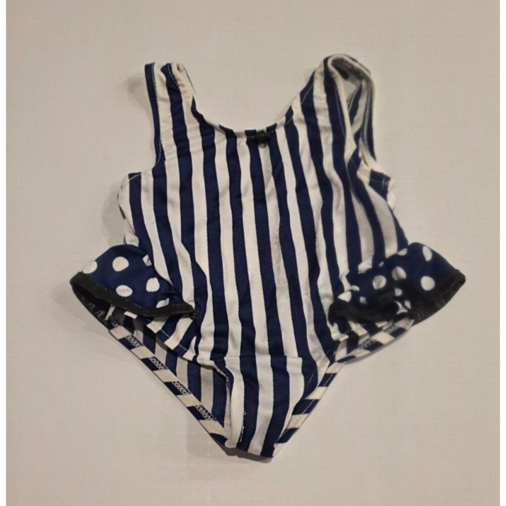 Vintage 1990s Baby Girl One Piece Blue Striped Frilled Swimsuit Size 12 Months
